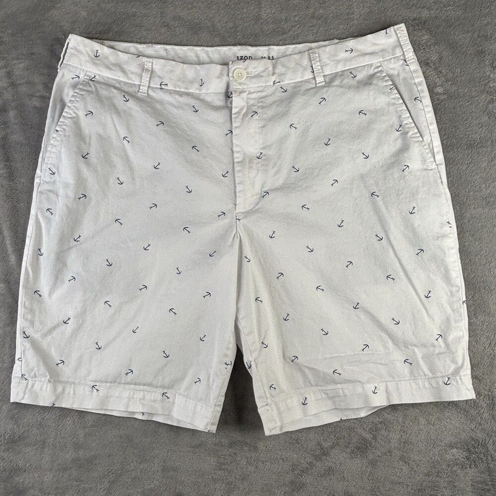 IZOD Shorts Mens 38 White Blue Anchor Print Chino Flat Front Nautical Beach 9.5"
